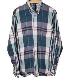 Vintage Texas Cotton Blue Green Plaid Long Sleeve Button Up Shirt